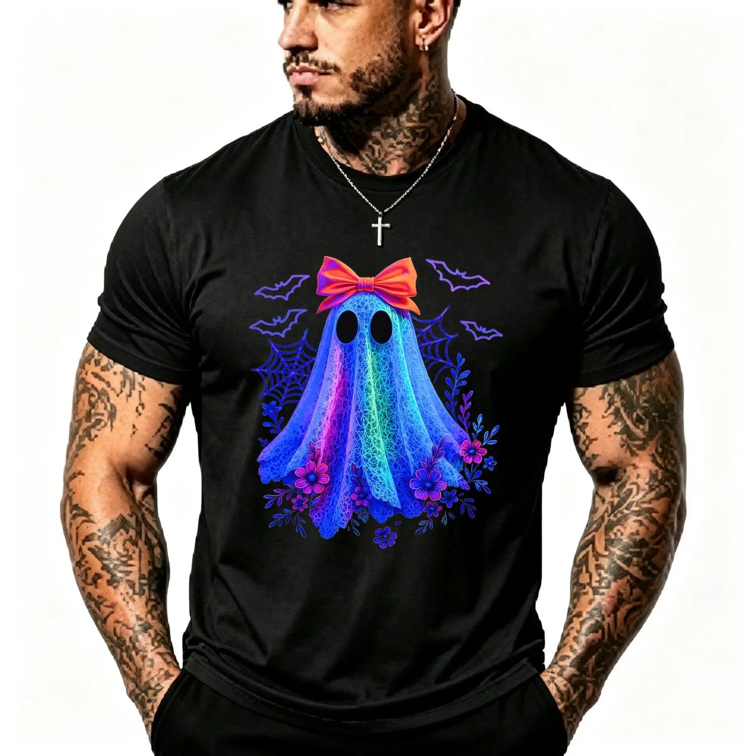 Neon Glow-In-The-Dark-Inspired "Boo" & Rainbow Graphic Mens Short Sleeve T Shirt Round Neck Casual Top With Neon Bow & Bats Design Breathable Fabric For Summer Themed Parties & Casual Attire Machine Washable Cute Lace-Like Effect