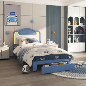 Garvee LED Light Upholstered Bed Frame, Twin Size Princess Bed with Storage Drawers and Fabric Headboard, Features Wood Slats and No Box Spring Needed in Blue White