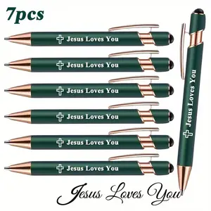 Luxury Metal Ballpoint Pens Set, Jesus Loves You Text & Cross Icon, Smooth Writing, Touchscreen Compatible, Ink, 7 Pieces