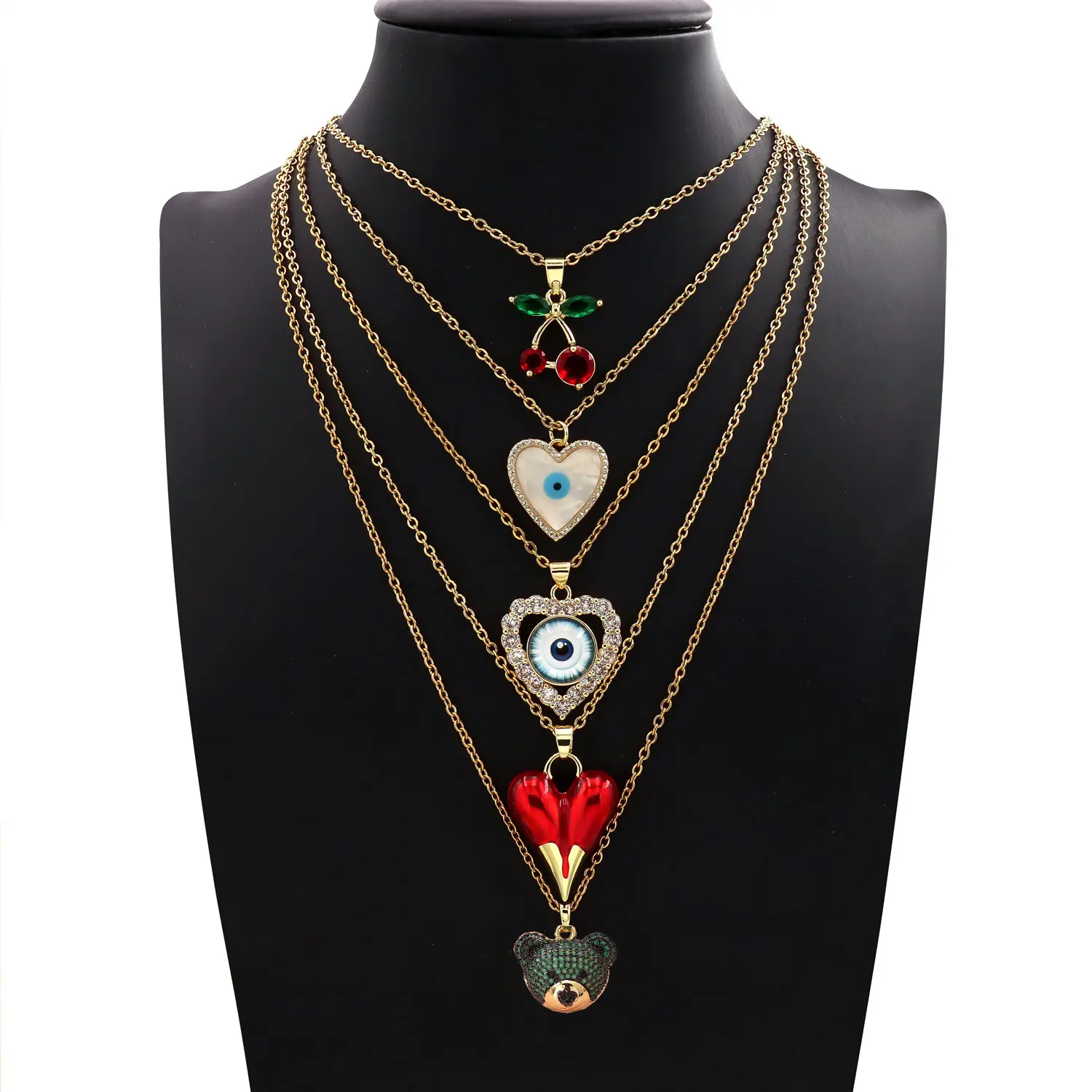 Women's Stainless Steel Jewelry 5-Piece Micro-Encrusted Diamond Animal & Heart Fruit Bear Collarbone Pendant Necklace, Chain & Link Design, for Female Daily Wear, Short Length
