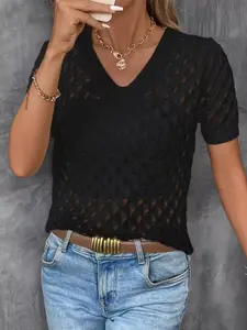 Women's V Neck Hollow Out Knitted Short Sleeve Hoodie, Thin Summer Casual Loose Fit Top, Elegant Breathable Pullover Sweater
