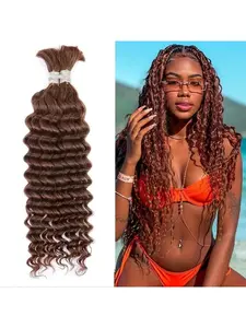 Human Hair Deep Wave Bulk Hair for Braiding 14-28 Inch 2Bundles Chocolate Brown Curly Braiding Hair for Boho Braids No Weft Wet And Wavy Braiding Hair Extensions