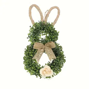 Easter Bunny & Wreath with Giant Bow, Boho Farmhouse Hanging Flower Garland Decor, Durable Pe Fake Flowers for Indoor Outdoor Porch Walls Wedding