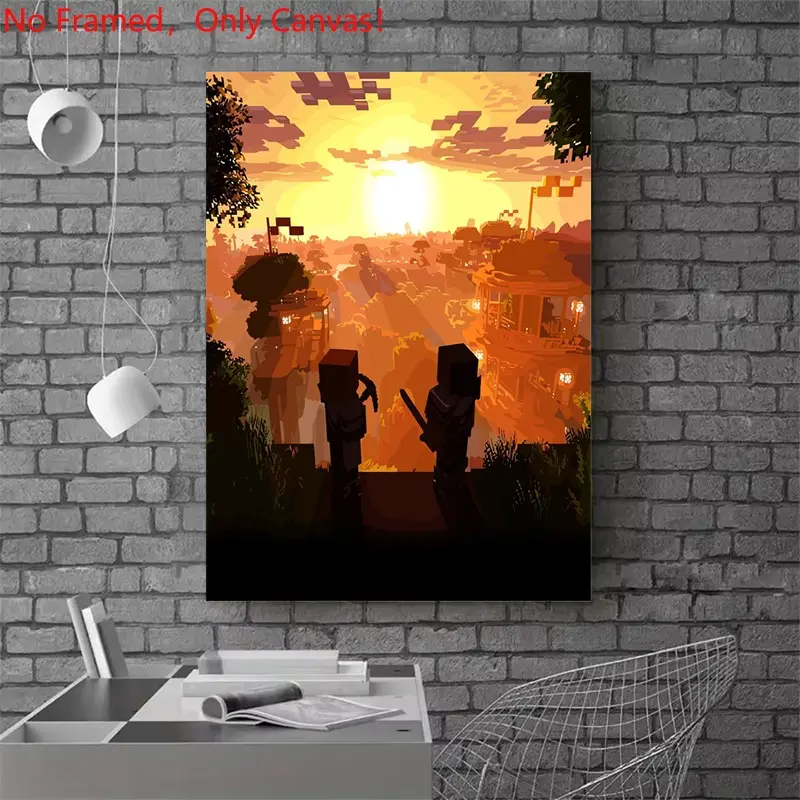 1 piece/set frameless canvas painting print poster, Game Poster art，Minecraft Village at Sunset， a perfect gift for Video games loves, ideal gift for bedroom, living room, dorm hallway, kitchen, mural, wall decoration, room decor