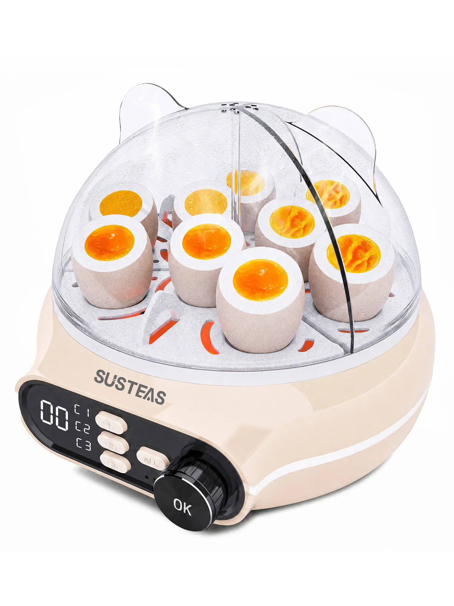 SUSTEAS Smart Electric Egg Cooker - 9-Piece Large Capacity, 3-Zone Simultaneous Soft/Medium/Hard Cooking, Preset Timer, Energy-Saving Zoning, 2 Modes for Room-Temp & Refrigerated Items, Voice Prompt, 3-Doneness Custard Tray Included