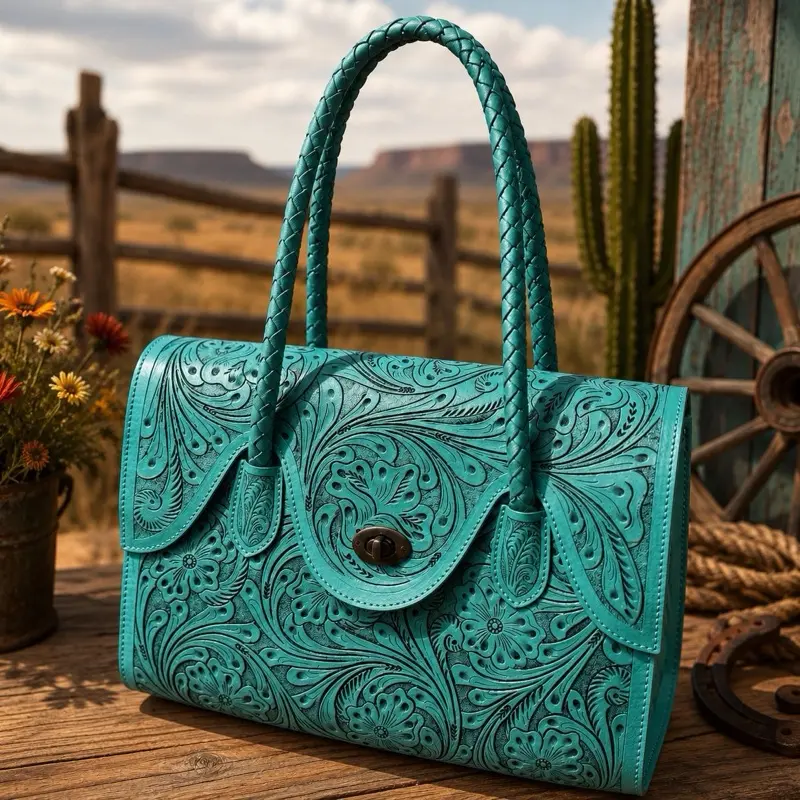 Turquoise Tooled Leather Handbag Turquoise Tooled Leather Handbag