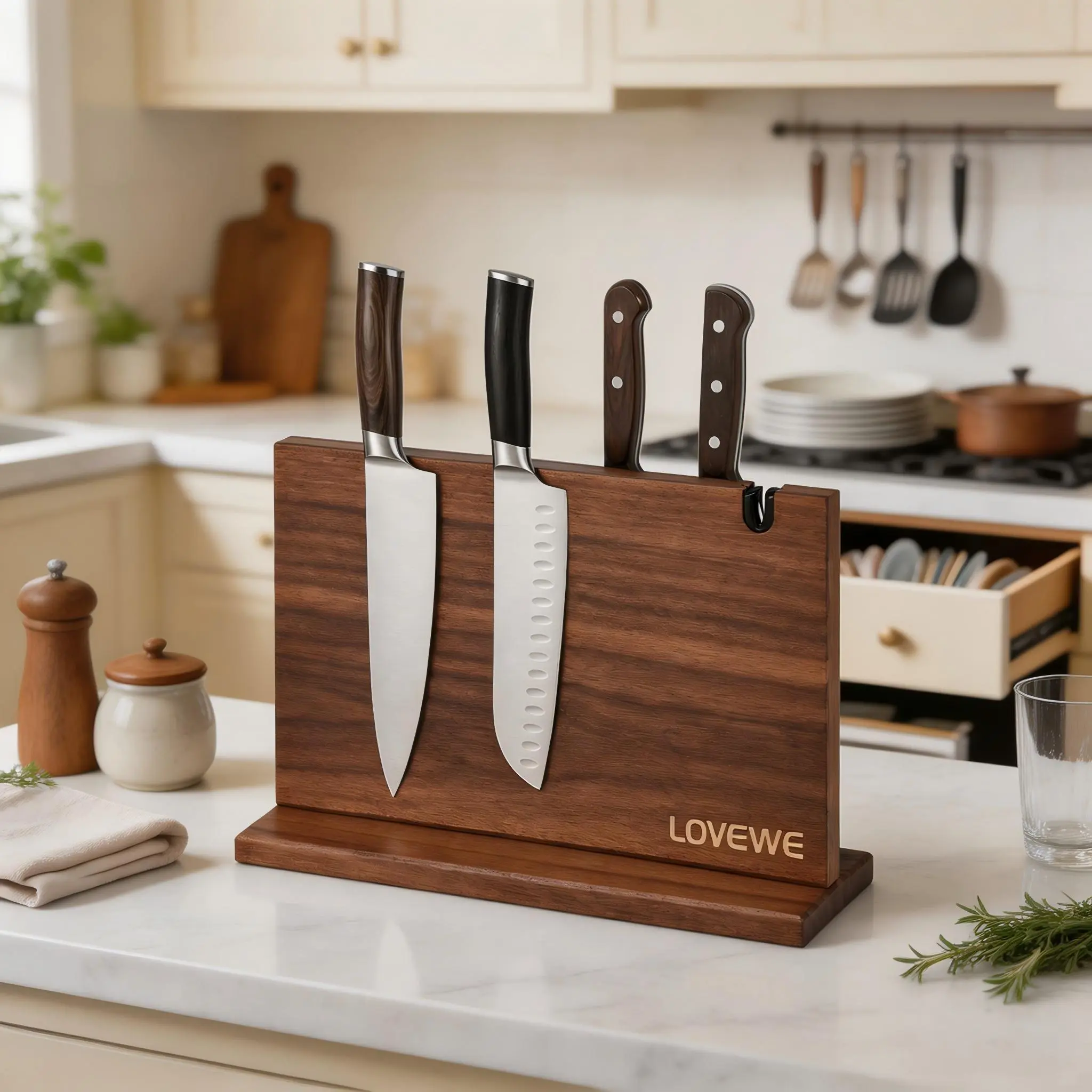 LOVEWE Acacia Wood Magnetic Knife Block - Double-Sided Holder Rack with Strong Enhanced Magnets, Natural Kitchen Storage for Knives