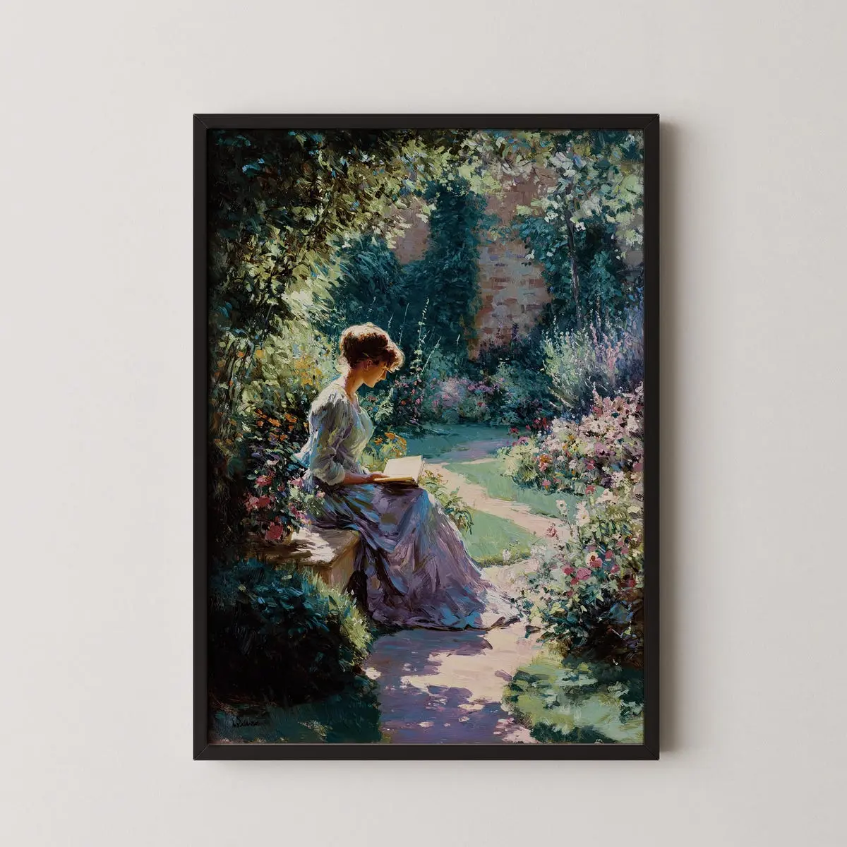 Impressionist Garden Reading Art Print, Serene Cottagecore Wall Decor, Woman with Book Poster, Classic Reading Artwork, 5 Size, 8x12 to 27x40 inch, Room Decor, Unframed