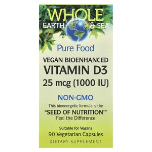 Natural Factors Whole Earth & Sea, Vegan Bioenhanced Vitamin D3, 25 mcg (1,000 IU), 90 Vegetarian Capsules