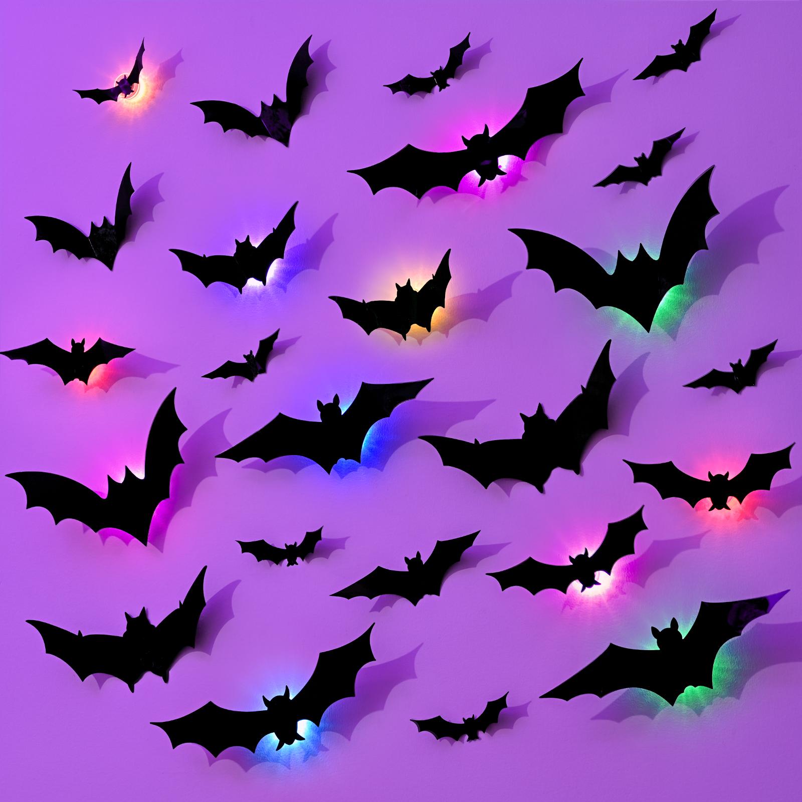 24 PCS Halloween 3D Bat Wall Decoration with 12 LED Lights, Remote Control, 13 Colors, 6H Timer, Thick PET Stickers (10 Sizes) & Painter's Tape - Halloween Decor for Walls, Windows, Creepy Vibe Parties, Led Lighting 24 PCS Halloween 3D Bat Wall Decoration with 12 LED Lights, Remote Control, 13 Colors, 6H Timer, Thick PET Stickers (10 Sizes) & Painter's Tape - Halloween Decor for Walls, Windows, Creepy Vibe Parties, Led Lighting