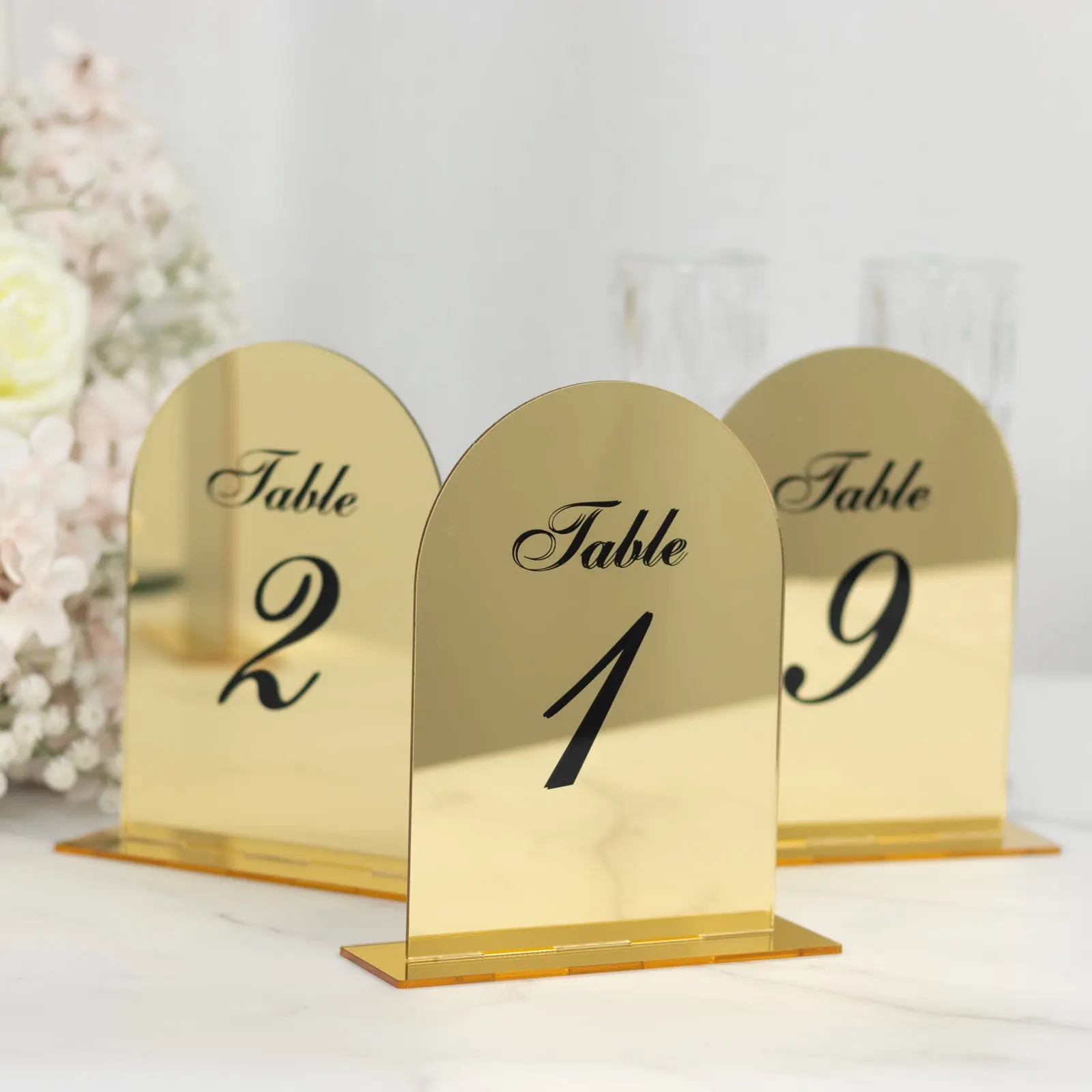 Wedding Table Numbers 1-10 Decor, Gold Mirror Arch Acrylic Plaque Signs with Black Print and Stands for Elegant Receptions - 6"x7"