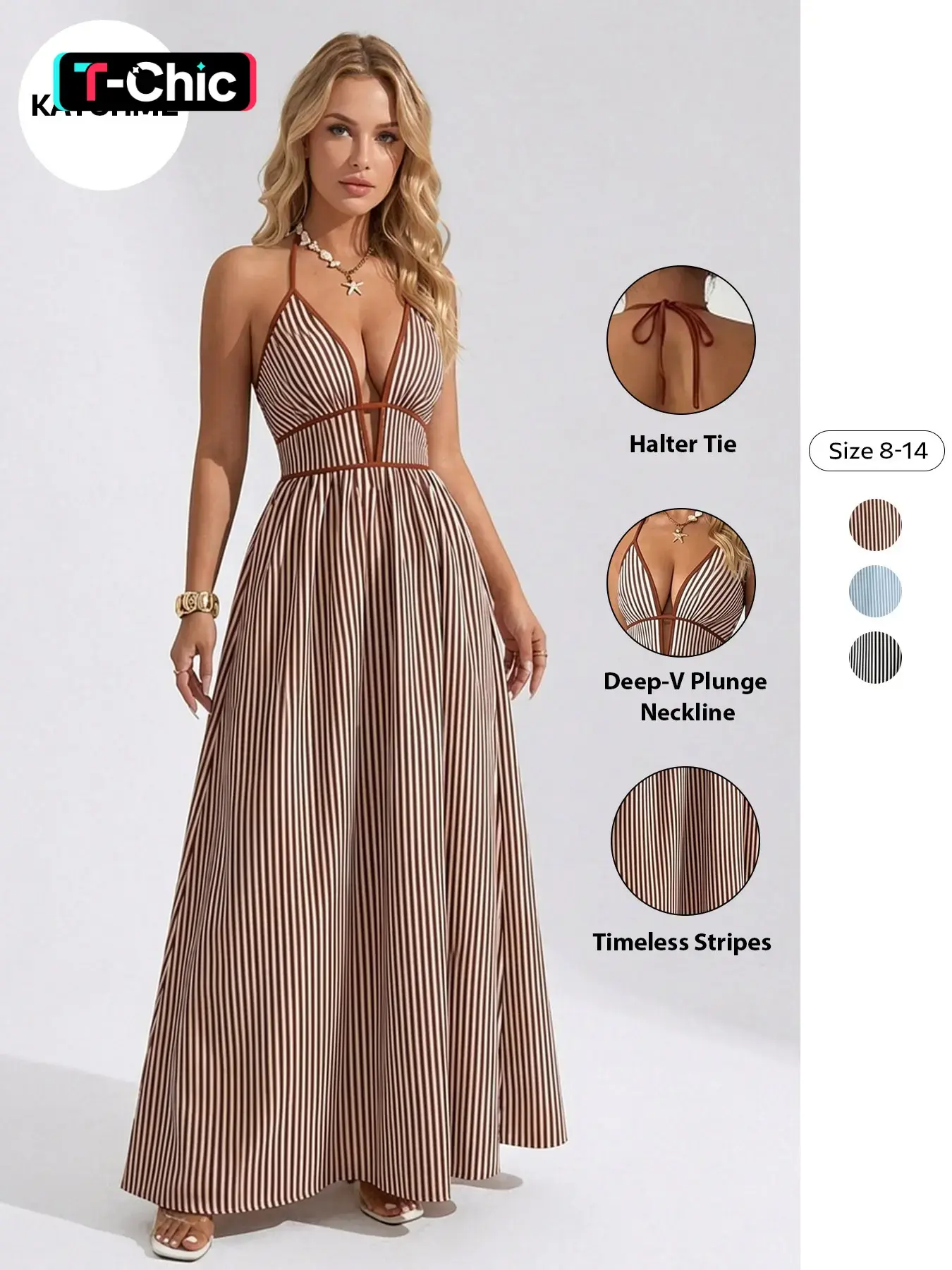 Women's Elegant Pinstripe Striped Deep V Neckline Adjustable Halter Maxi Dress, Casual Elegant Dresses, Summer Lightweight Dresses for Beach Holiday, Comfort Women's Clothing