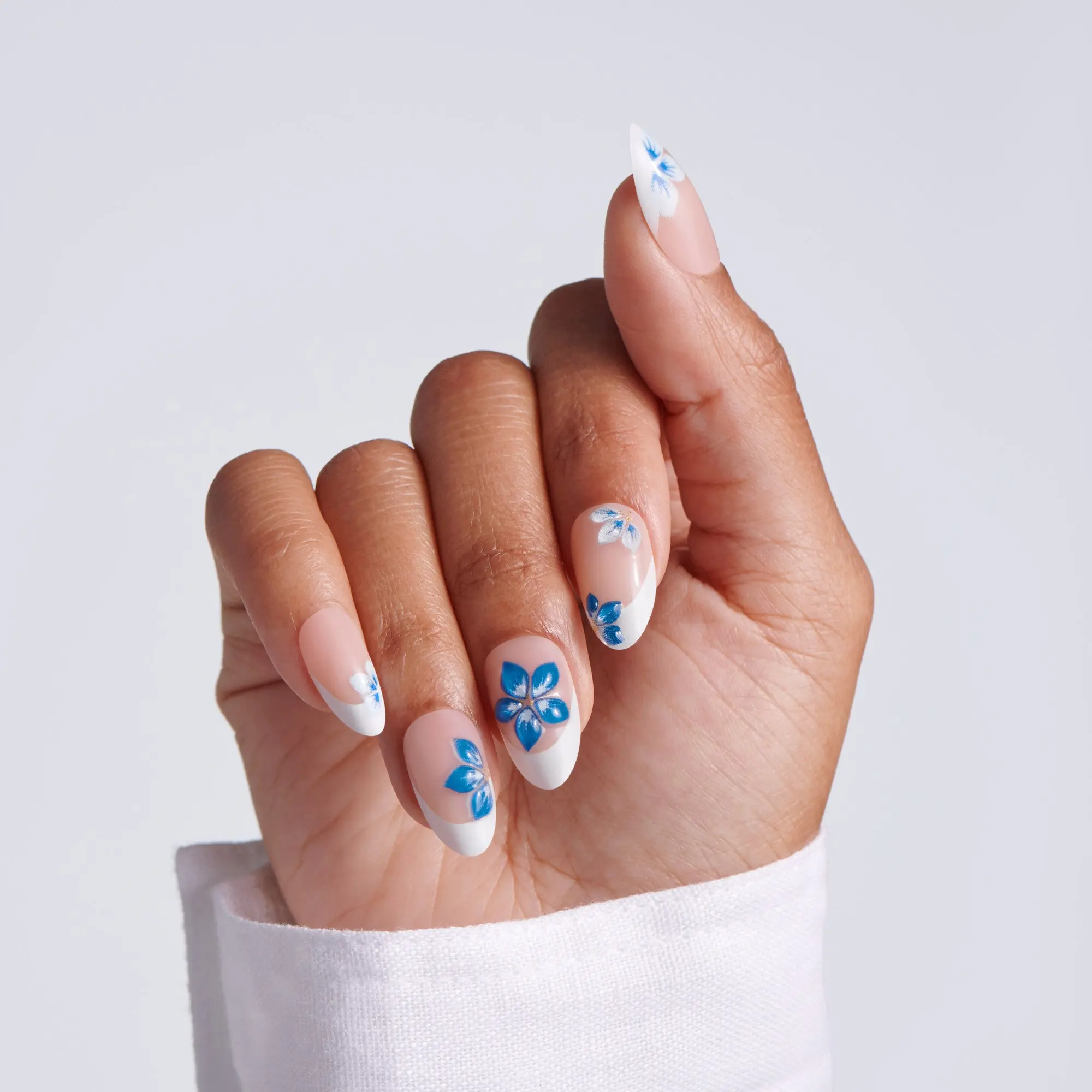 Kiss Glam Jeweled Press On Fake Glue Nails - Summer Drip | 3D & Jewel French Design, Blue & White, Medium, Almond