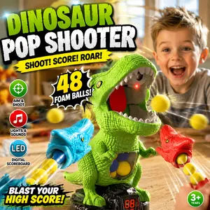 Dinosaur Shooting Toy with Movable Target LED Lights Sound Effects 2 Pump Air Launchers 48 Foam Balls Score Recording for Kids Outdoor Fun  Birthday or Christmas Gift