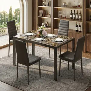 5 Piece Modern Dining Set Rectangular Glass Top Iron Frame Dining Table With 4 High Back PU Leather Chairs Comfortable Household Furniture For Kitchen Dining Room