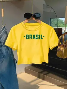 Women's Brazil Pattern Print T-Shirt, Sexy Fitted Short Top, Bold Brasil Letters, Casual Sporty Aesthetic Style