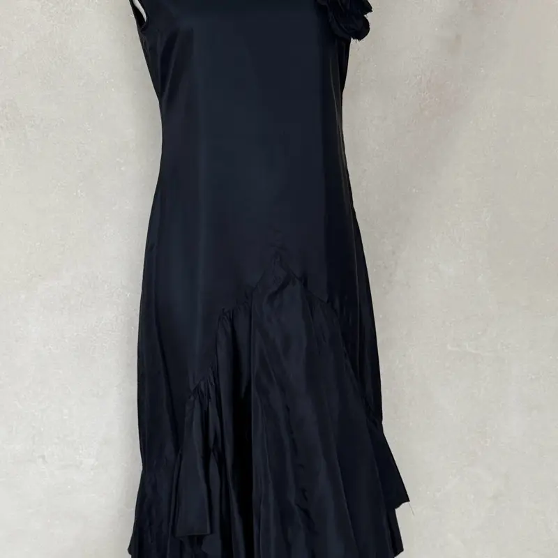 1930's Evening Gown with Silk Floral Appliqué - Black Satin Dress for Formal Events