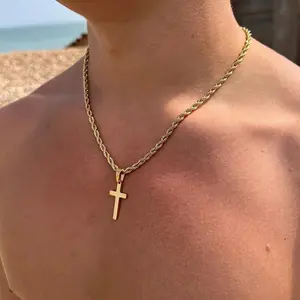Men's Stainless Steel Golden Plated Cross Pendant, Fashionable Simple Rope Chain Necklace for Men Gift