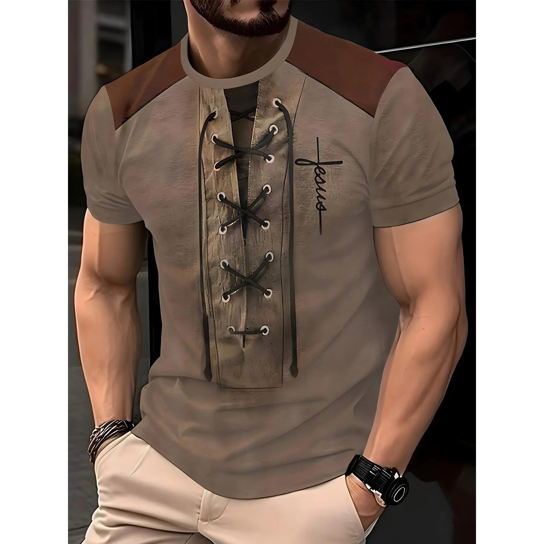 Slight Stretch Polyester Knit Fabric Men's Fashion Casual Crew Neck T-Shirt with Geometric Pattern