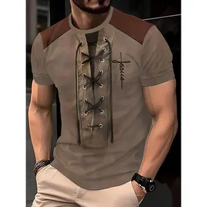 Slight Stretch Polyester Knit Fabric Men's Fashion Casual Crew Neck T-Shirt with Geometric Pattern