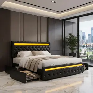 GEGOFORU Queen Size LED Bed Frame with 4 Storage Drawers, Upholstered Platform Bed with Smart RGB Lighting, Silent & Noise, No Box Spring RequiredModern Bedroom Furniture with Stylish Ambient Glow