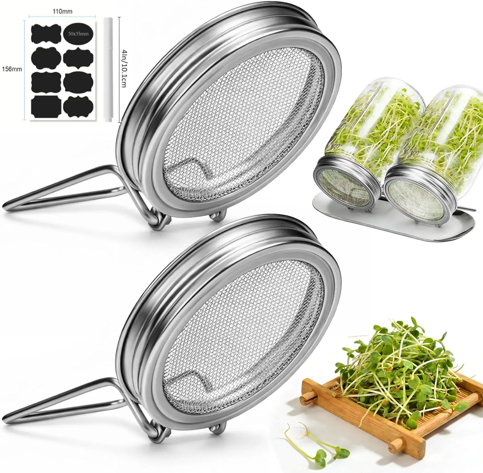1Set Sprouting Lids for Wide Mouth Mason Jars, Stainless Steel Reusable One-Piece Sprouting Jar Lids Kit with Built-In Stand, Seed Germination Sprouts Growing Kit for Organic Alfalfa & Mung Bean