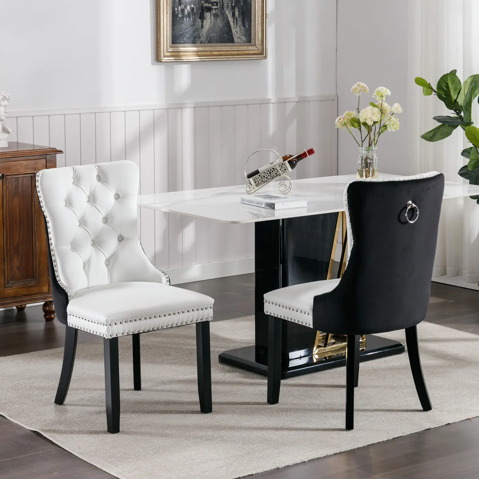 Dining Chairs Set of 2, Nikki Collection Dining Room Chair Upholstered Modern Luxury Tufted with Nailhead Trim Back Pull Ring Solid Wooden Legs, White PU Leather Splicing Black Velvet