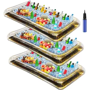 3 Pcs Inflatable Serving Bar Salad Ice Tray Food Drink Candy Buffet Containers Picnic Pool Inflatable Cooler with a Drain Plug and a Hand Pump, 53 x 23.6 x 4.7 Inch(Black)