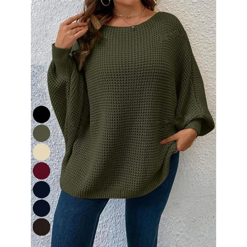 Women's Plus-Size Solid Baggy Batwing-Sleeve Knitwear Top, Basic Casual Fall Outfits Jumper, Daily Wear Back-to-School Sports & Outdoor Clothing, Oversize, Tops