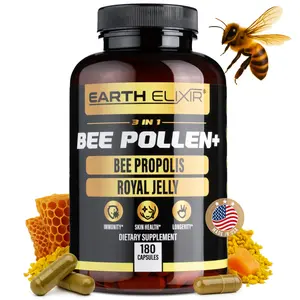 Earth Elixir 3-in-1 Bee Pollen Organic 840mg (180 Caps) W/ 840mg Bee Propolis & 840mg Royal Jelly - Organic Bee Pollen - Natural Dietary Fitness