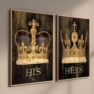 2 Pieces/set of Optional Wooden Frame, King and Queen Crown Canvas Painting Set, Majestic Royal Style Art, Living Room Bedroom Luxurious Home Decor Indoor Decoration Artwork