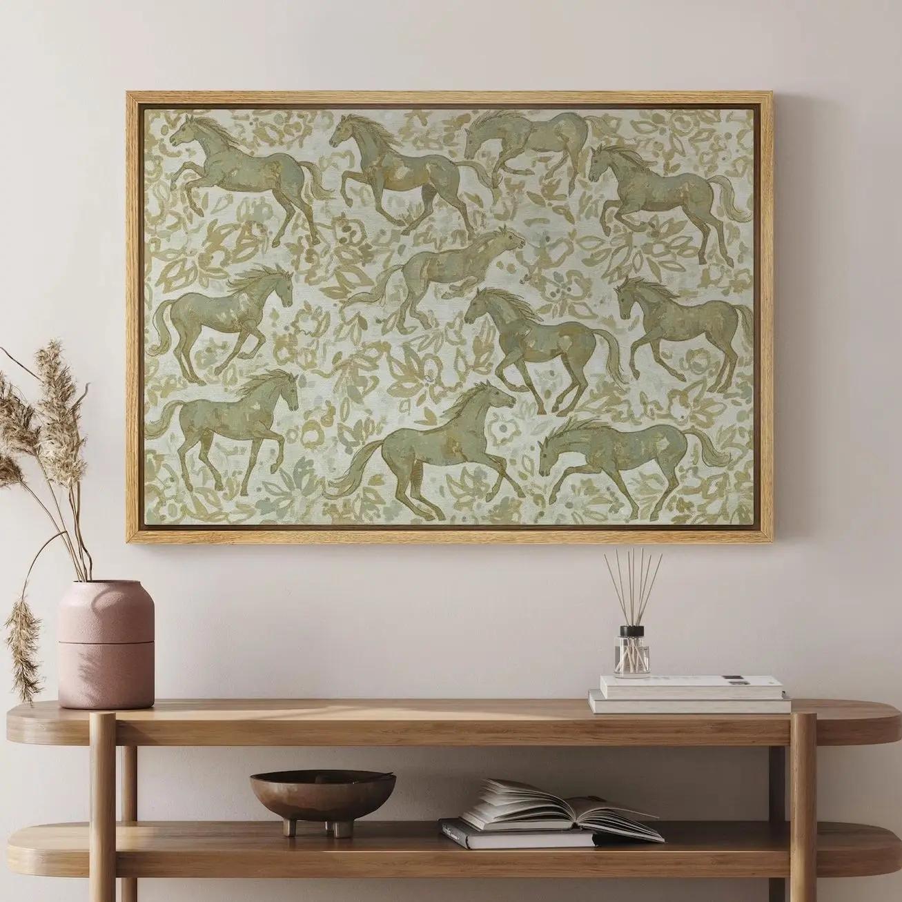 Vintage Running Horses Canvas Print, Neutral Equestrian Wall Art, Rustic Farmhouse Horse Decor, Framed Wall Art T