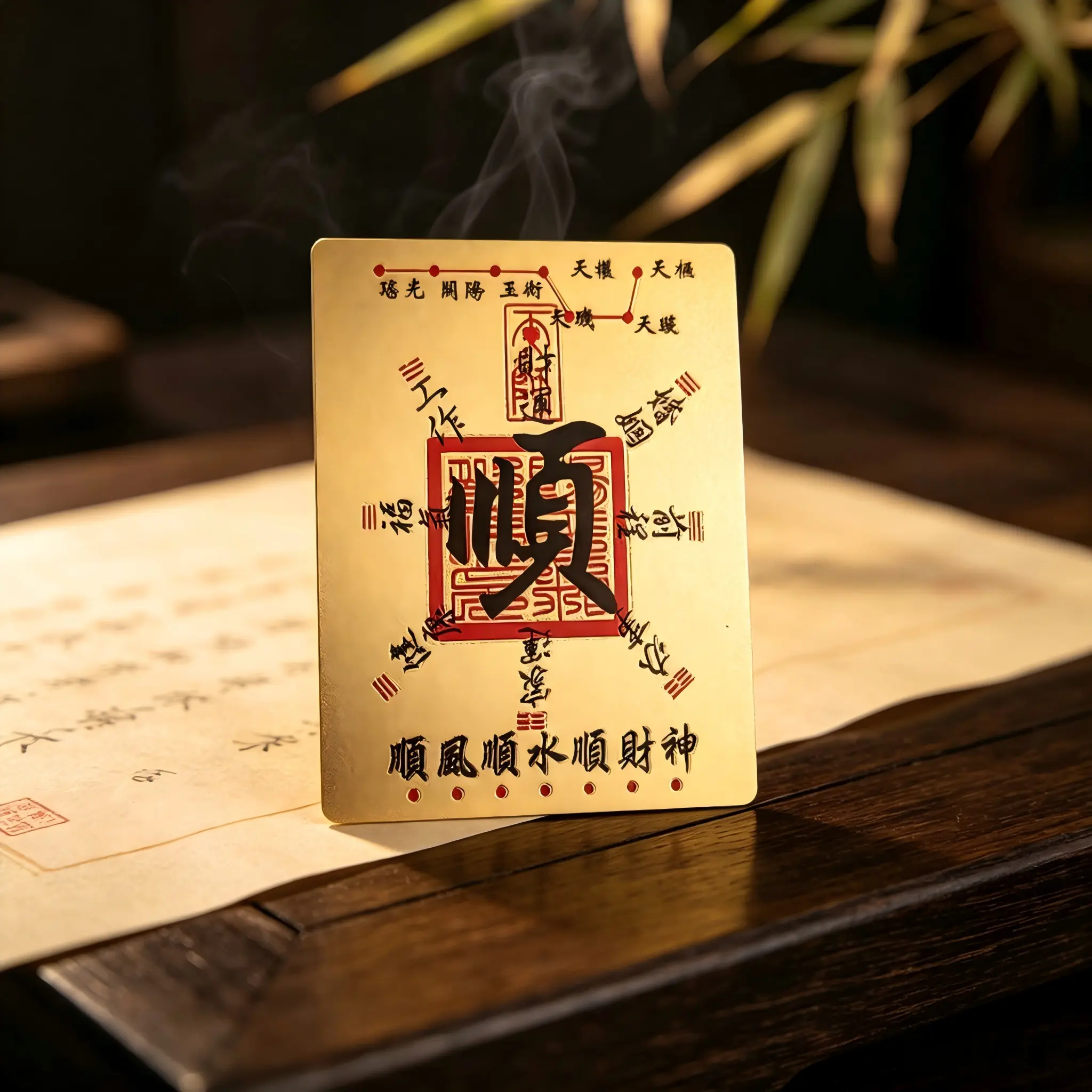 Traditional Taoist Amulet Sticker with "Shun" Character Symbol, Gold-Tone Metallic Protective Charm for Good Fortune, Unisex Design, Traditional Taoism, Energy Symbol, Unisex Wear, Daily Use, Shun Energy