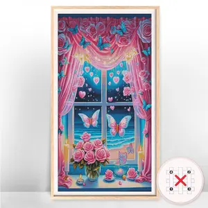 Window Pattern DIY Cross Stitch Set Without Frame,New Tools Cross Stitch Printed Canvas Flower Needlework Craft
