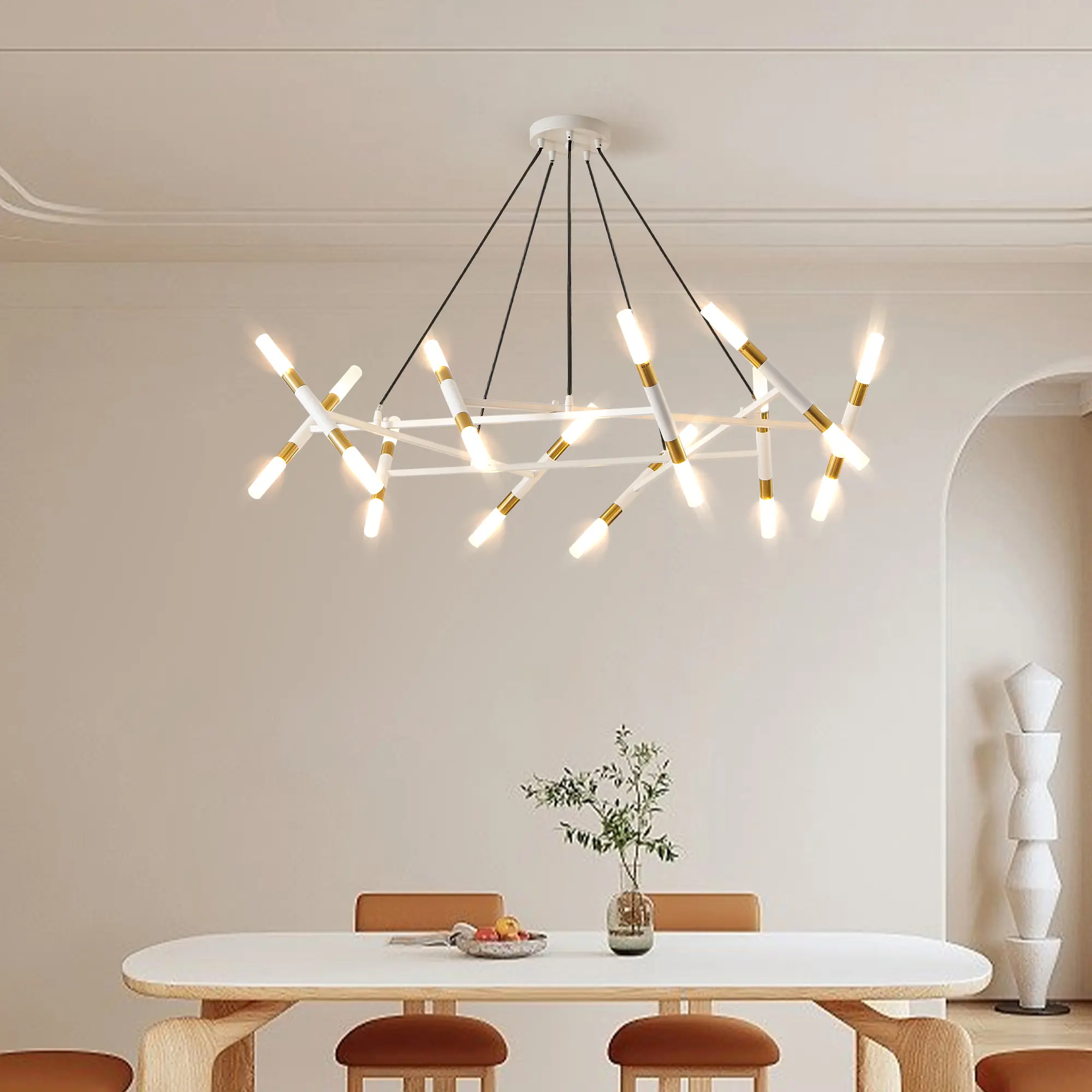Modern White Chandelier Light Fixture, Adjustable Hanging Ceiling Light for Dining Room Kitchen