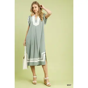 Umgee Linen Cotton Contrast Neckline Midi Dress