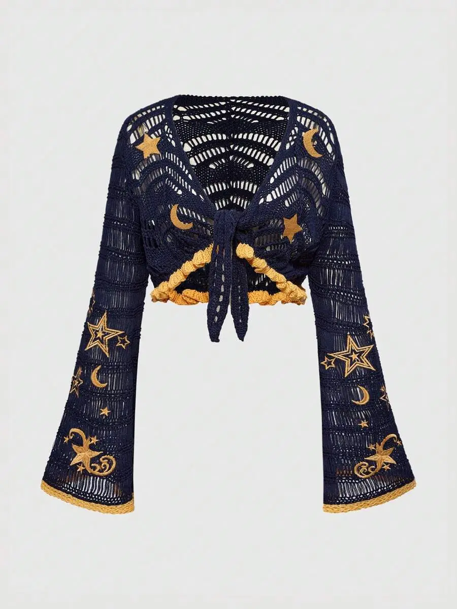 Women's Hippie Bohemian Style Moon & Star Embroidered Crochet Flare Sleeve Cardigan - Back to School Outfit, Fall Outfit