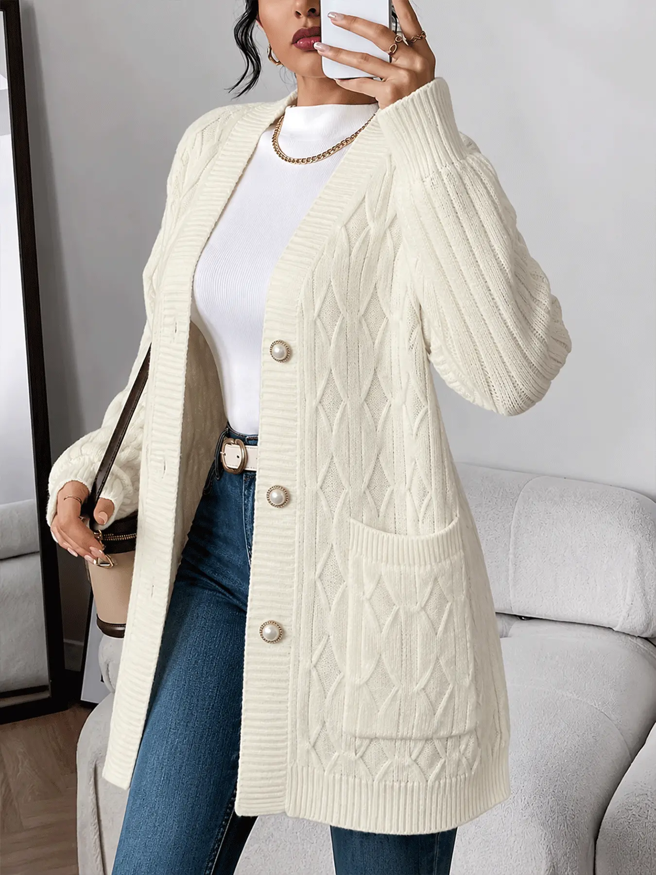 Women’s mid-length knit cardigan, casual long cardigan outerwear for autumn/winter, solid color top with pockets