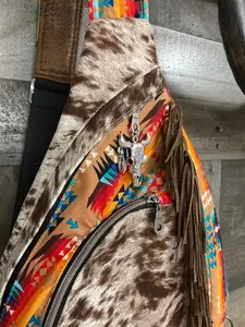 Summit Sling Bag/ brown beige Cow longhorn print / Faux Leather /Cross Body fringe bag /highland cow/ Western Bag/aztec/native
