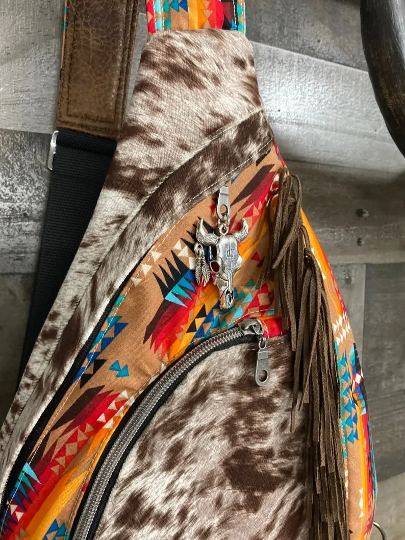Summit Sling Bag/ brown beige Cow longhorn print / Faux Leather /Cross Body fringe bag /highland cow/ Western Bag/aztec/native