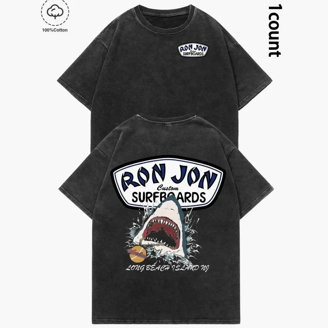 Unisex Ron Jon Surfboards Shark Graphic Washed Tee | 100% Premium Cotton Oversized Relaxed Fit Shirt | Y2K Casual Streetwear & Retro Beach Surf Aesthetic Top | Summer Vacation Gift Mens Clothing 7T2