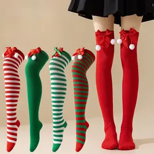 2/5Pairs Bow Halloween Christmas Festivals Hairball Knee Socks Women's Long Tube Pinstriped Leg Socks