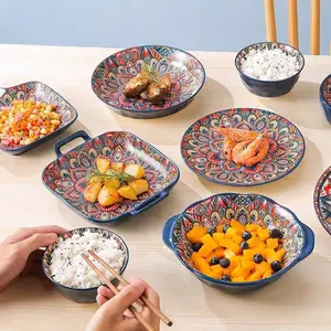 Contemporary Bohemian Tableware Set, 8-Piece Dinnerware Including 4 Plates & 4 Bowls, Durable & Safe for Microwave Use