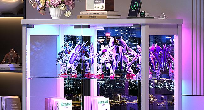 Dystler RGB Display Cabinet with Glass Doors - 39’‘ Tall Curio Cabinet with Lock & Adjustable Shelves, 3-Tier Display Case with Lights, for Collectibles/Figure/Helmet/Football