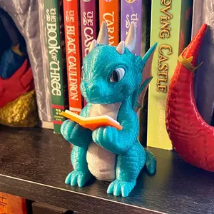 Chibi Reading Dragon Bookshelf Decor - Cute Magical Dragon Figure - 3D Printed Bookish Decor