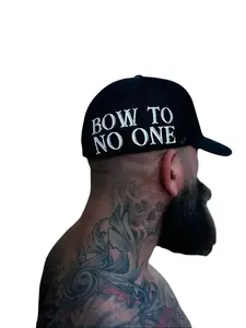 TheDriveClothing Bow To No One Side Style Flexfit Hat – Black Y2K Streetwear Cap, White Graphic Biker Hat, Curved Bill Mesh Back Snapback, Unisex Gym Festival Fashion Streetwear
