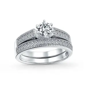 Vintage Style Cocktail Statement Ring: 1.5CT Round Solitaire CZ Pave Band Set