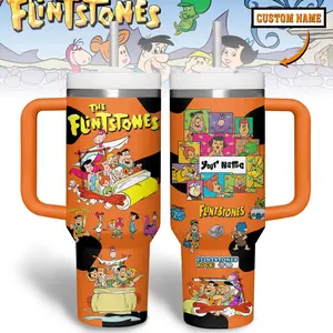 The Flintstones Cartoon Tumbler 40oz with Handle, Vintage Stone Age Cup, Fred Flintstone Barney Rubble Gift, Classic Hanna-Barbera TV Fan Mug, Retro Cartoon Travel Mug, Stainless Steel Tumbler