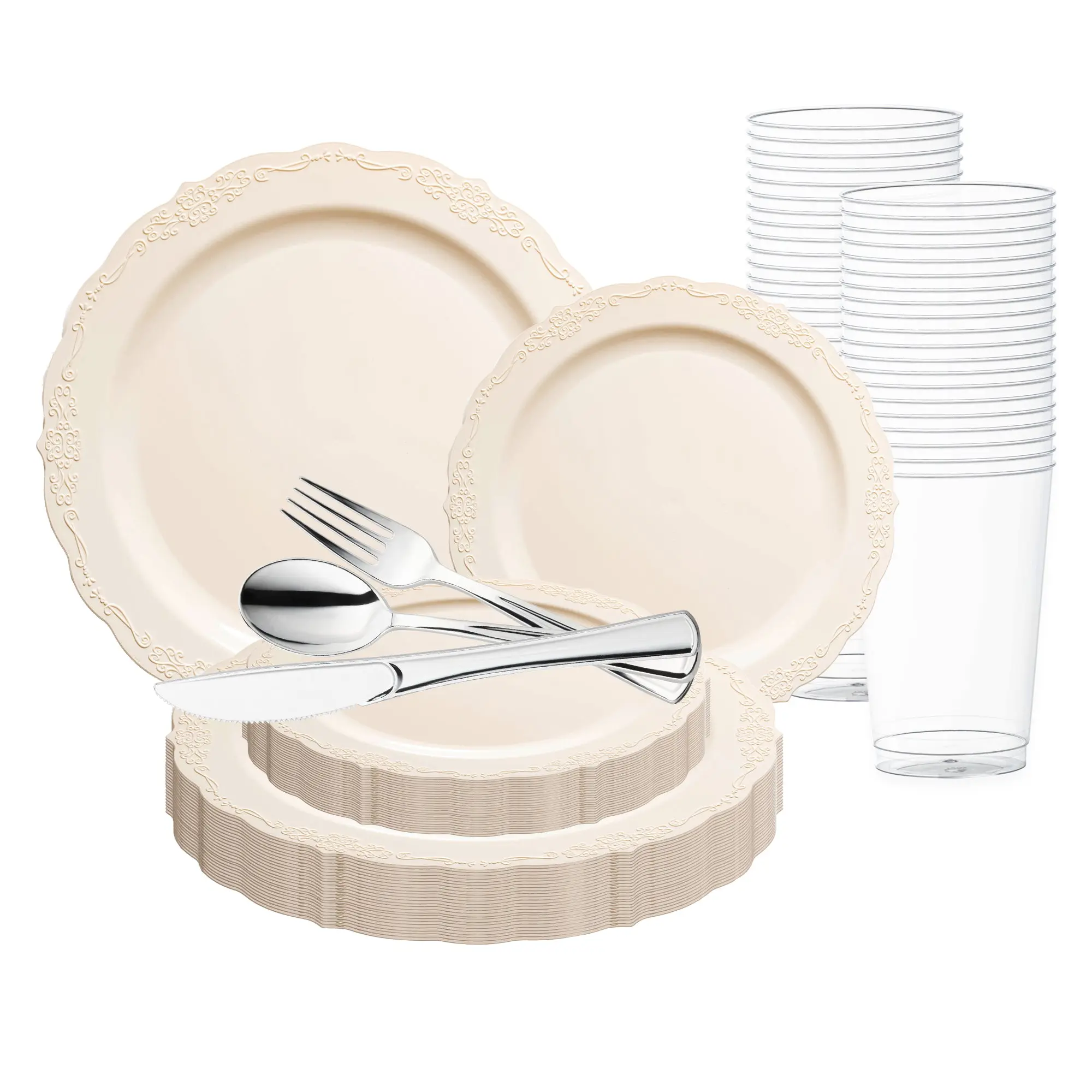 Ivory Vintage Round Disposable Plastic Wedding Value Set