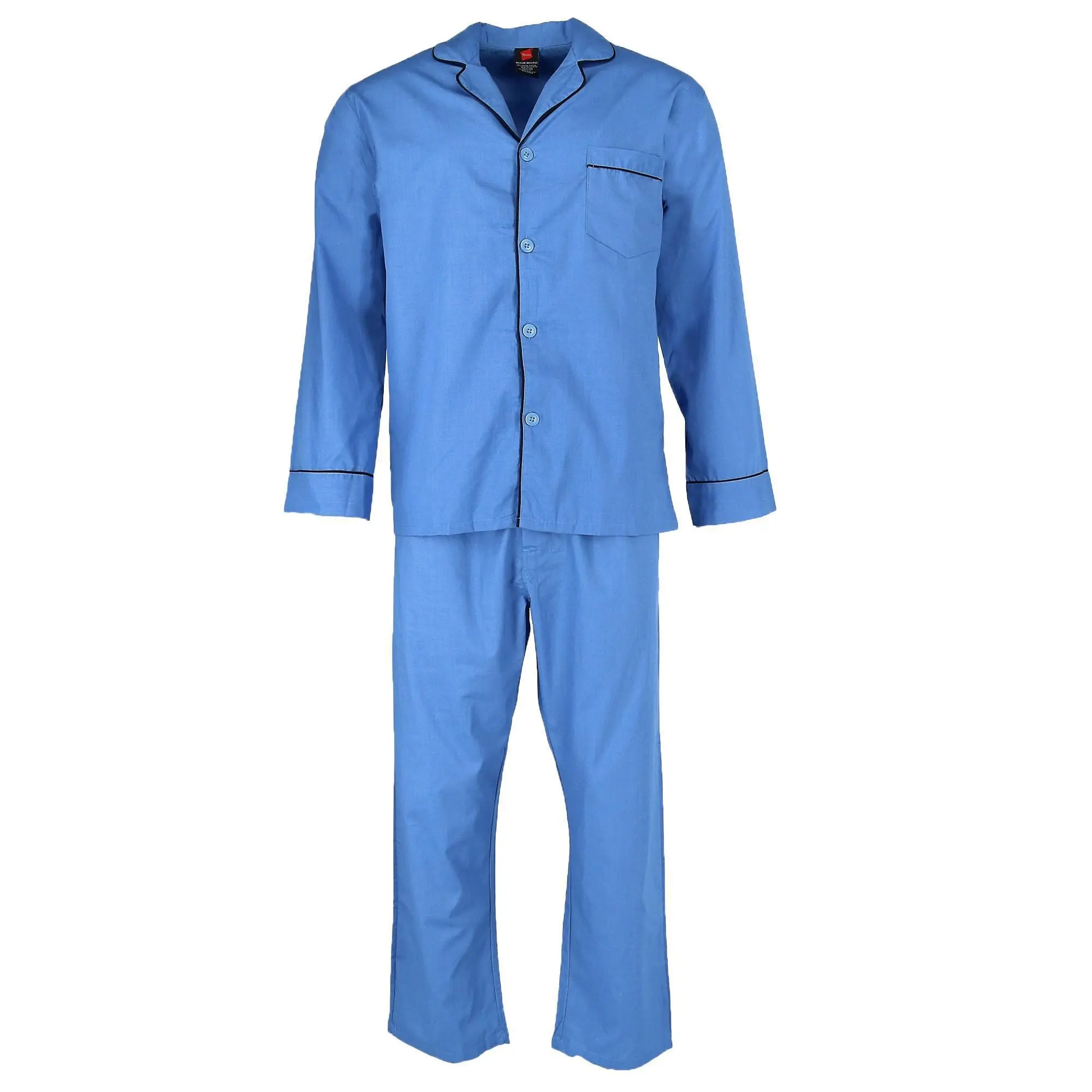 Hanes Men's Broadcloth 2-Piece Pajama Set, Soft Cotton-Polyester Blend Long-Sleeve Menswear with Button-Down Top, Elastic Pants, Embroidery, Plaid Checks, Crew Neck & Center Seam Loungewear